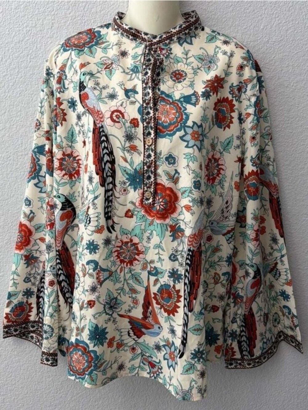 Boho Floral and Bird Print Mandarin Collar Blouse